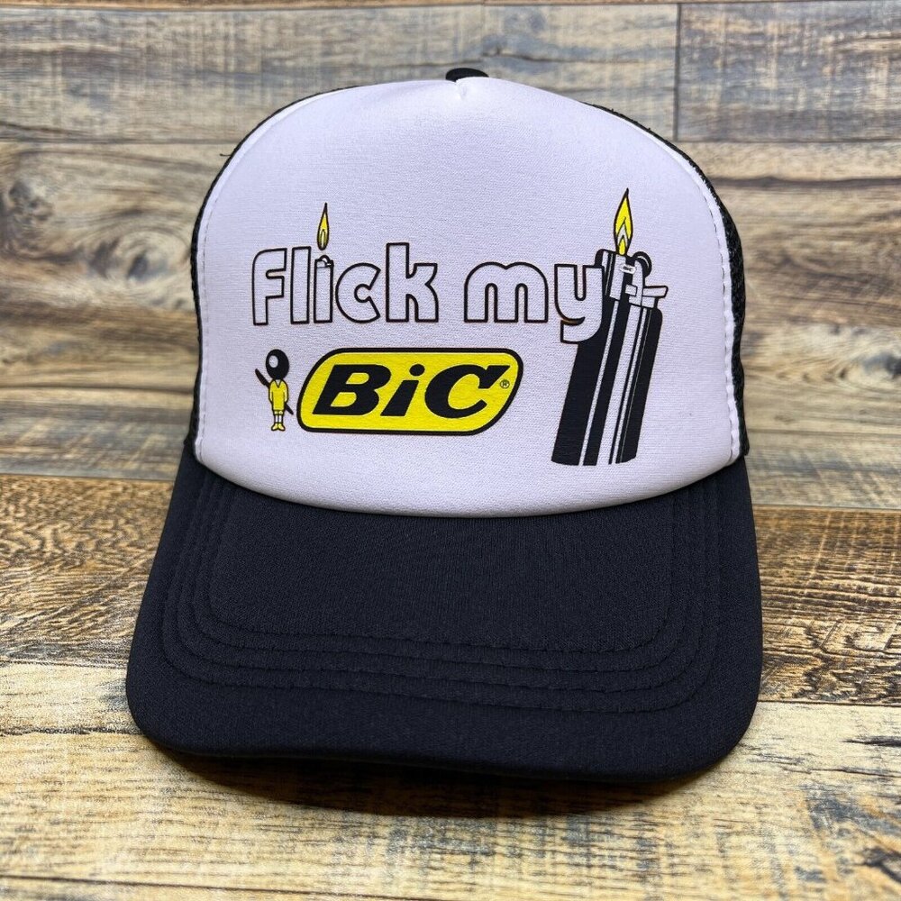 Flick My Bic Unisex Trucker Hat Black Snapback 90s Advertisement Retro Ball Cap